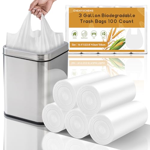 3 Gallon White Trash Bags with Handles - 100 Count Biodegradable