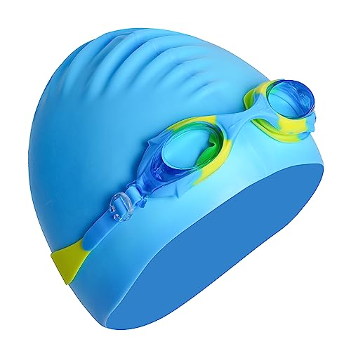 3 Pieces Kids Swim Cap for Boys Girls Silicone Swimming Cap for Short Hair with Swimming Goggles and Nose Clip Unisex Waterproof Bathing Caps for Age 3-15 Children Boys Girls