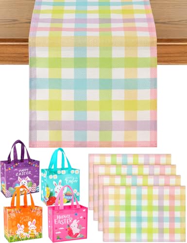 Pastel Buffalo Plaid Easter Table Runner Set with Placemats & Bags