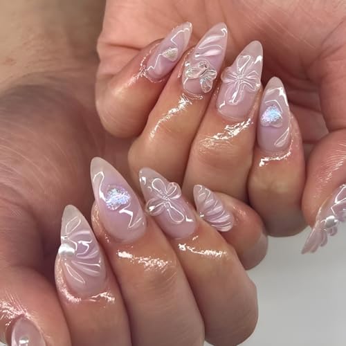 Purple 3D Flower Press On Nails Medium Almond Heart Butterfly False Acrylic Nails Set