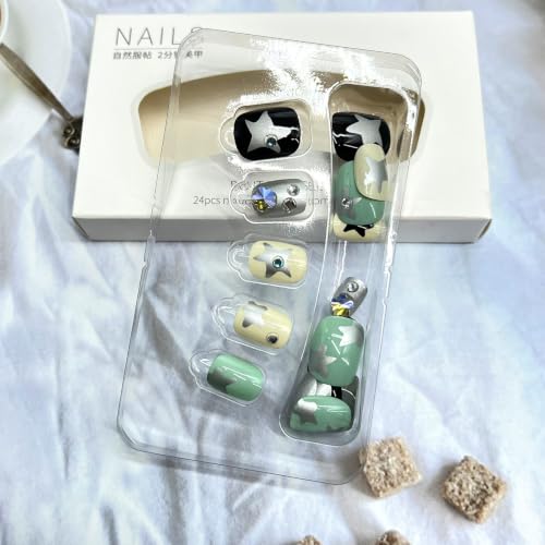 Y2K Short Square Press on Nails with Silver Star Rhinestones, 24 Pcs