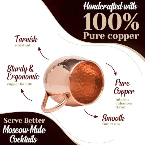 Copper Moscow Mule Mug Set of 4 - 19 oz Hand-Hammered Copper Barware with Reusable Straws, Jigger & Coasters