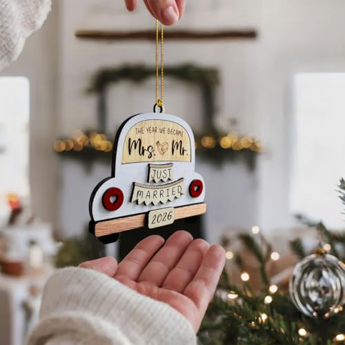 2026 First Christmas Married Ornament - Rustic Laser-Engraved Wedding Gift