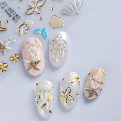 5D Embossed Summer Nail Art Stickers Gold Shell Starfish Beach Decals