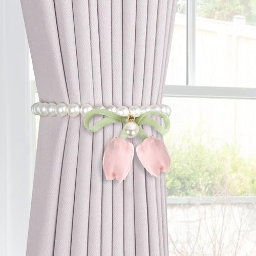 Magnetic Curtain Tiebacks - 2 Pack Pearl Drape Holdbacks in Pink