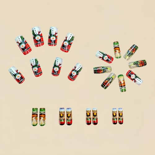 Christmas Press on Nails Medium Square Fake Nails Snowman Tree Design