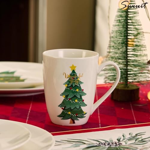 Christmas Tree Mugs Set of 6 - 14oz Bone China Coffee Cups, Microwave & Dishwasher Safe, Gift for Family (6pcs) Variation of Mug