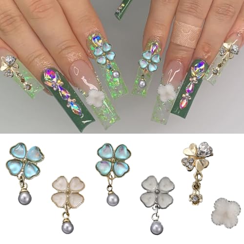 12Pcs Four Leaf Clover Nail Charms 3D Shamrock Gems with Pearls
