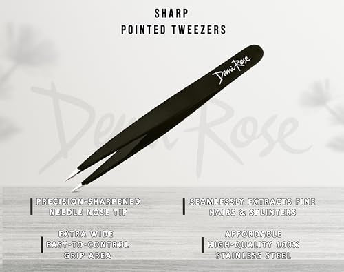 DEMI ROSE Pointed Precision Tweezers - Stainless Steel Fine Point Needle Nose Tweezers for Ingrown Hair, Splinters, and Eyebrows (Black)