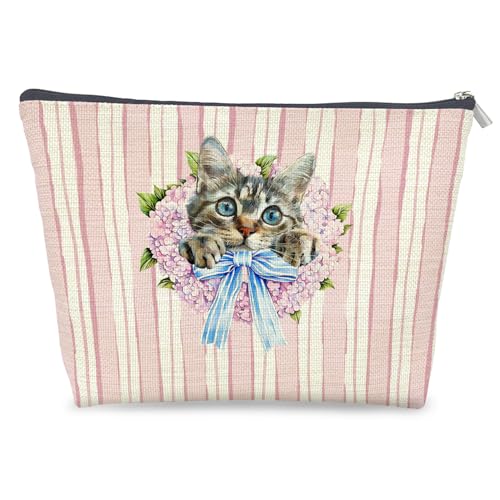 Coquette Blue Bow Cat Makeup Bag Linen Cosmetic Pouch for Women