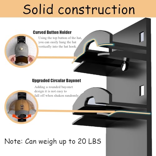 Black Baseball Cap Organizer - Wall Mount Hat Rack for 20 Caps