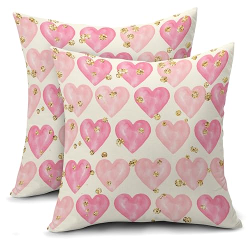 Valentine's Day Decorative Pillow Covers - Set of 2, 18x18 Inch Pink Heart with Golden Polka Dots