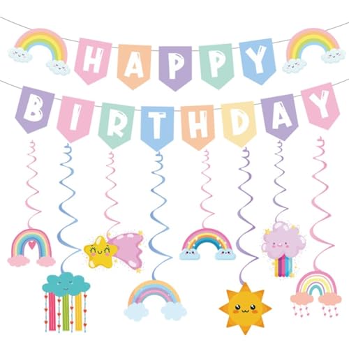 Pastel Rainbow Happy Birthday Banner with Hanging Swirls