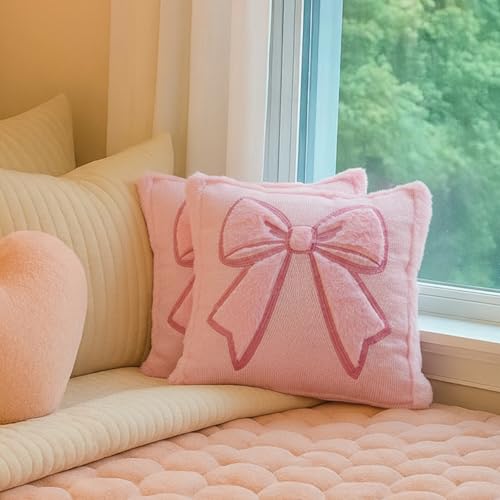 Pink Bow Throw Pillow Covers 18x18 - Set of 2 Faux Fur Coquette Decor