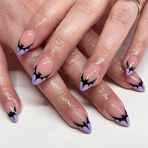 Halloween Press on Nails Short Almond False Nails Black Bat Purple French Tip