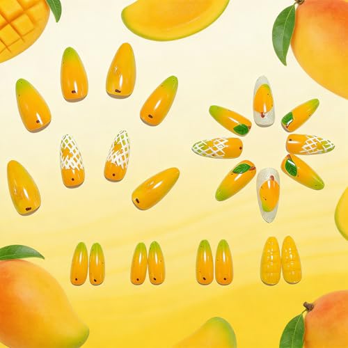Almond Press on Nails Medium Yellow Glossy Tropical Fruit False Nails 24Pcs