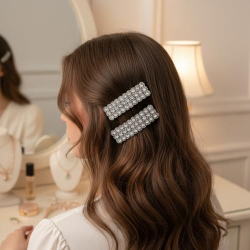 ZLmoue Silver Rhinestone Snap Hair Clips Rectangular Barrettes 2 Pcs