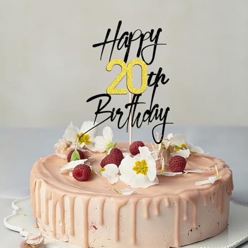 20th Birthday Cake Topper - Black Gold Shimmer Decoration
