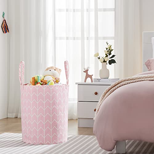 TECHMILLY Baby Laundry Basket with Long Handles - Pink Geometric Nursery Hamper, 1 Pack