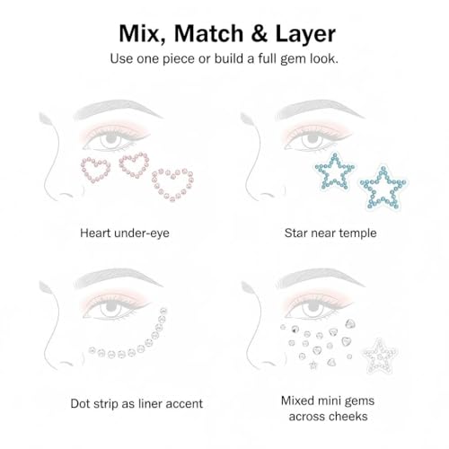 Dcoteh 7 Sheets Self-Adhesive Face Gems, 3D Heart & Star Rhinestone Stickers