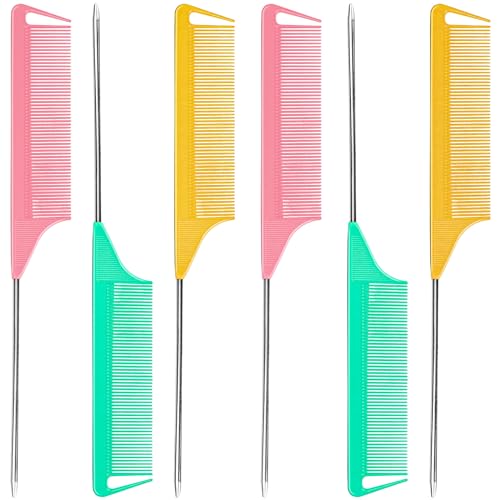 FIRSTPELLA 6 PCS Rat Tail Hair Parting Combs with Stainless Steel Pintail