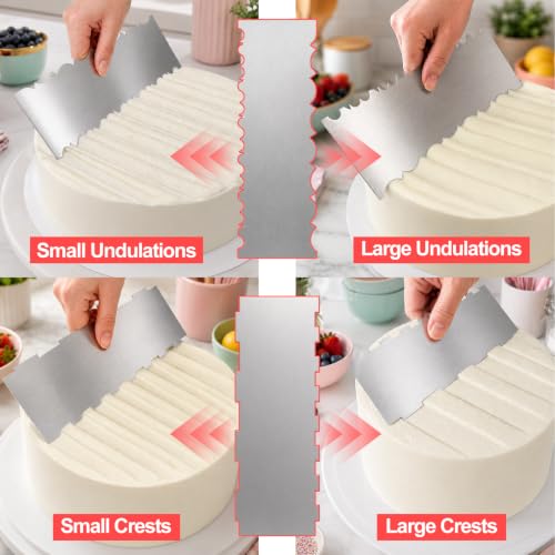 4 Pack Stainless Steel Cake Scrapers - Textured Icing Smoothers for Baking