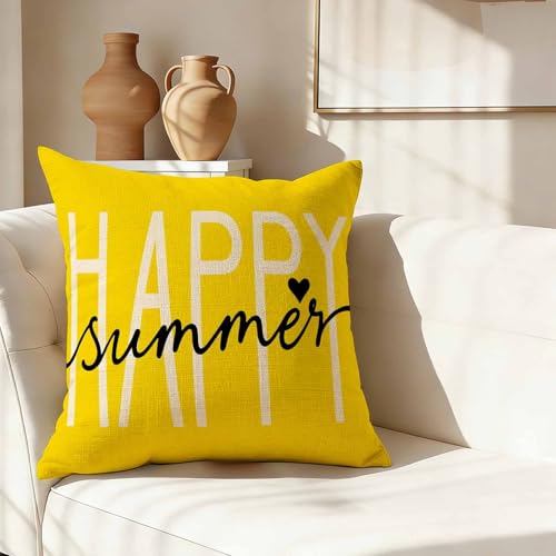 GSRONY Summer Beach Throw Pillow Cover 18x18 Inch Yellow Heart Print Cotton Linen