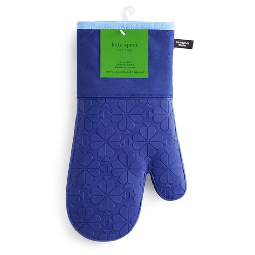 Kate Spade New York Spade Flower Soft Silicone Oven Mitt 2-Pack Set, Heat Resistant, Flexible Non-Slip Silicone Grip, Navy/Blue, 7"X13"