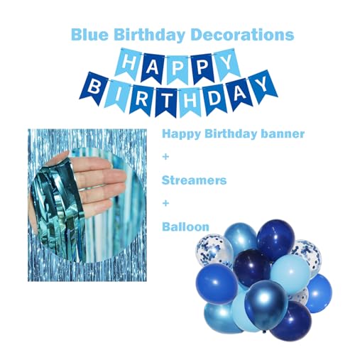 Blue Birthday Decorations Set - Happy Birthday Banner, Balloons, Streamers & Cake Topper - Timfcbs, For Men & Boys