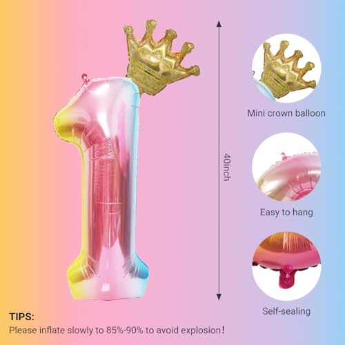 40-Inch Rainbow Gradient Number 1 Balloon with Crown - 1st Birthday & Baby Shower Party Supplies