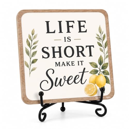 Lemon Kitchen Decor Sign | 5x5 Inch Wooden Plaque with Stand