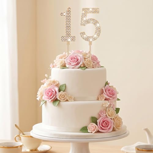 15th Birthday Cake Topper with Rhinestones - Elegant Gold Decoration