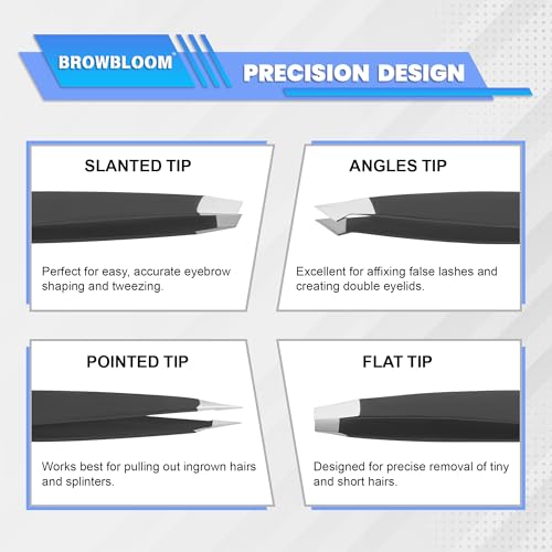 BROWBLOOM 4-Piece Stainless Steel Professional Eyebrow Tweezers Set with Pouch