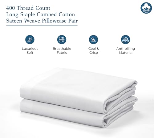 Royale Linens 400 Thread Count Cotton Pillowcase Set - Soft & Smooth, Standard Size, 20x26 Inches, White - Set of 2