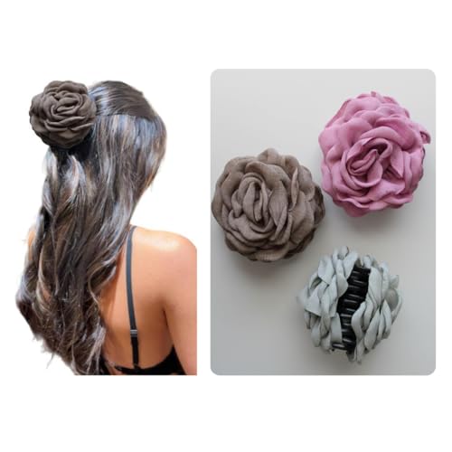Rose Flower Hair Claw Clip 9cm Taupe for Thick and Thin Hair