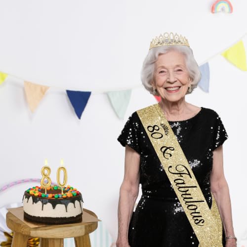 Gold 80th Birthday Decorations Set for Women - Tiara, Sash & Candles