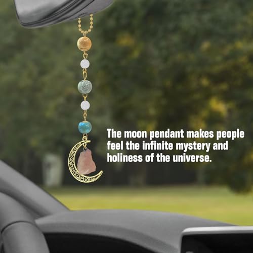 Boho Moon Car Charm with Crystals and Ceramic Pendant for Rearview Mirror, Women's Car Decor