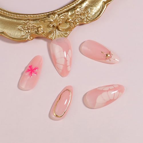 Nude Pink Press on Nails Medium Almond 3D Flowers & Gold Rhinestones