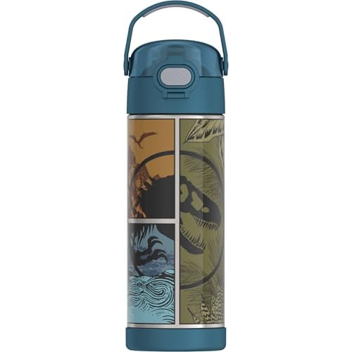 THERMOS FUNTAINER 16 Ounce Stainless Steel Vacuum Insulated Bottle with Wide Spout Lid, JURASSIC WORLD