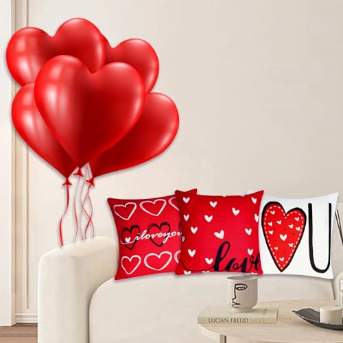 Pistha Red Valentine's Day Pillow Covers 18x18 Set of 4, Linen Heart Decor