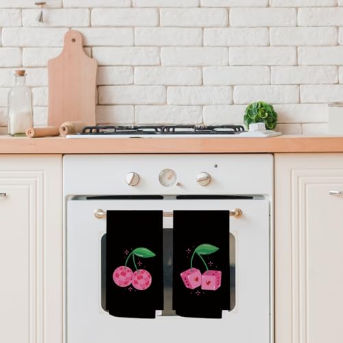 Cherry Kitchen Hand Towels Set of 2 - Pink & Black Decorative Dish & Bathroom Towels