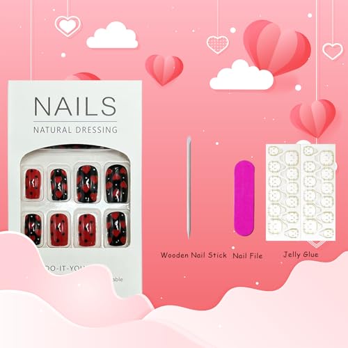 Valentine's Day Press On Nails Medium Square Red Heart Fake Nails 24 Pcs