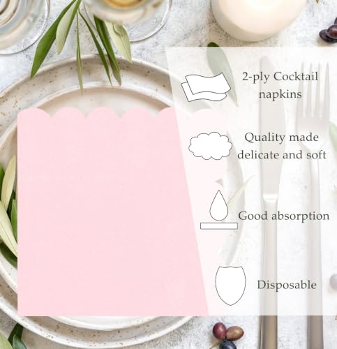 50-Pack 2-Ply Light Pink Scalloped Disposable Cocktail Napkins 5x5 Inch