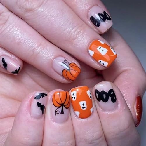 Halloween Cute Ghost Press on Nails Short Square False Nails 24Pcs