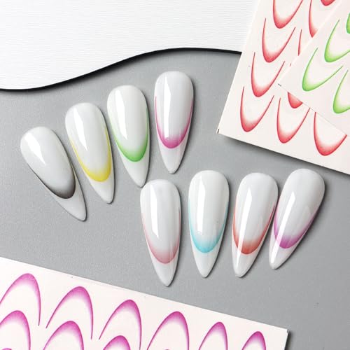 TailaiMei French Line Nail Stickers 8 Sheets Colorful Self-Adhesive Decals