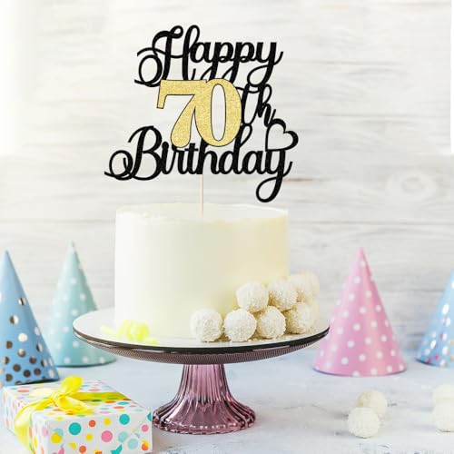 Happy 70th Birthday Cake Topper - Black Gold Glitter Decoration