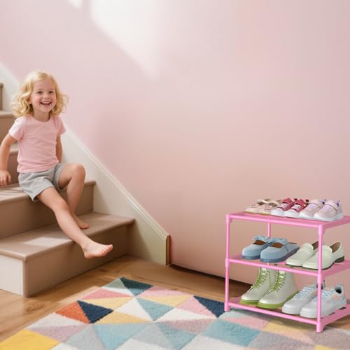 HITHIM 3-Tier Pink Shoe Rack for Women & Kids - Space-Saving Organizer