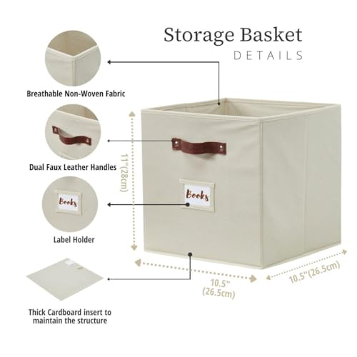 DECOMOMO Fabric Storage Bins - 10.5" x 11" Cube Bins with Labels (2pcs, Beige)