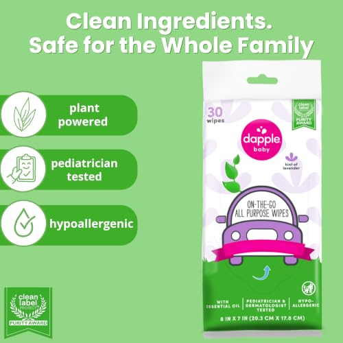 Dapple Baby All Purpose Wipes 30 Count - Lavender Scent, Hypoallergenic & Plant-Powered