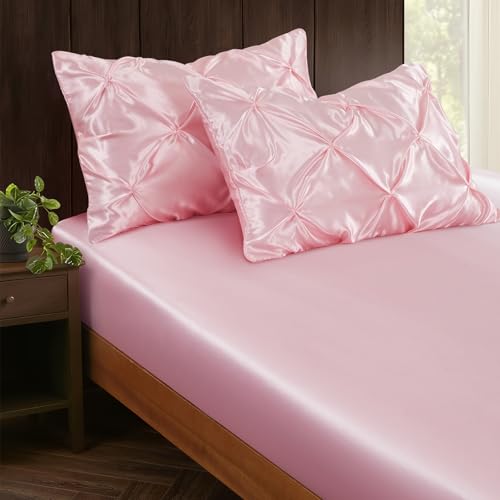 Blush Pink Satin Pillowcase Set - 2 Pcs Standard 20x26 Inch with Pintuck Design